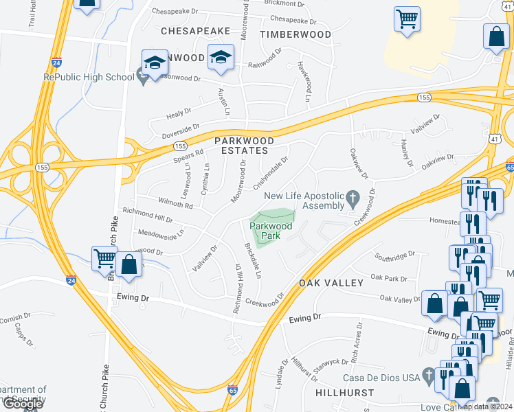 map of restaurants, bars, coffee shops, grocery stores, and more near 3225 Vailview Drive in Nashville