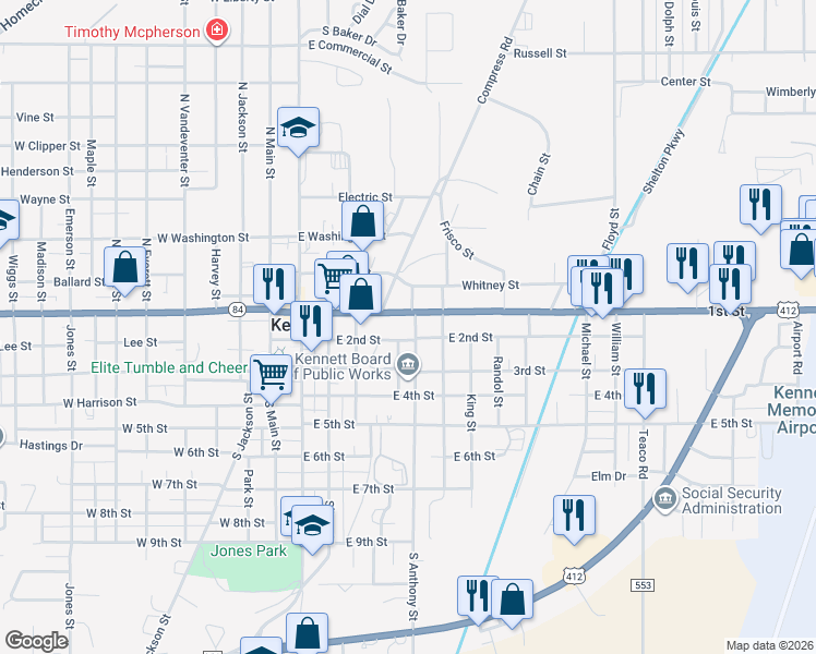 map of restaurants, bars, coffee shops, grocery stores, and more near 202 S Anthony St in Kennett