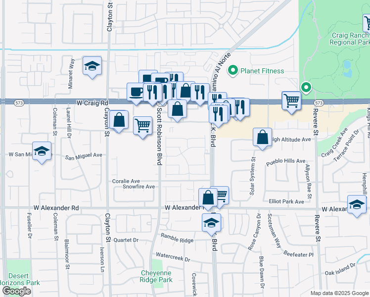 map of restaurants, bars, coffee shops, grocery stores, and more near 4215 Wind Mesa Drive in North Las Vegas