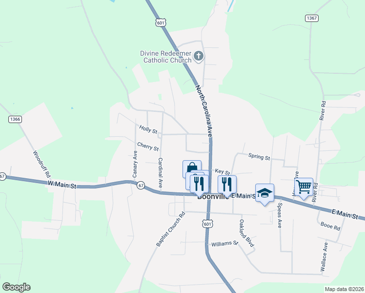 map of restaurants, bars, coffee shops, grocery stores, and more near 123 Walnut Street in Boonville