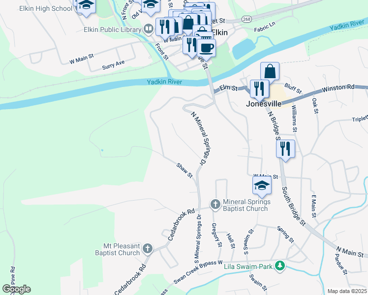 map of restaurants, bars, coffee shops, grocery stores, and more near 117 Pinnix Street in Jonesville
