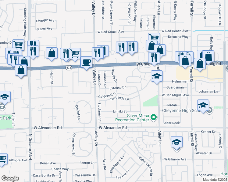 map of restaurants, bars, coffee shops, grocery stores, and more near 4104 Herblinda Lane in North Las Vegas