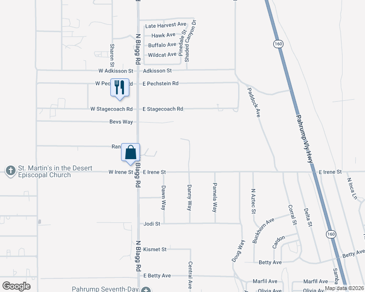 map of restaurants, bars, coffee shops, grocery stores, and more near 180 East Irene Street in Pahrump