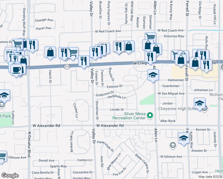 map of restaurants, bars, coffee shops, grocery stores, and more near 4104 Herblinda Lane in North Las Vegas