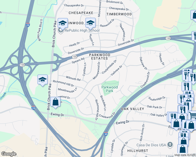 map of restaurants, bars, coffee shops, grocery stores, and more near 3213 Vailview Drive in Nashville