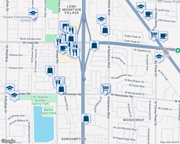 map of restaurants, bars, coffee shops, grocery stores, and more near 4129 North Overbrook Drive in Las Vegas