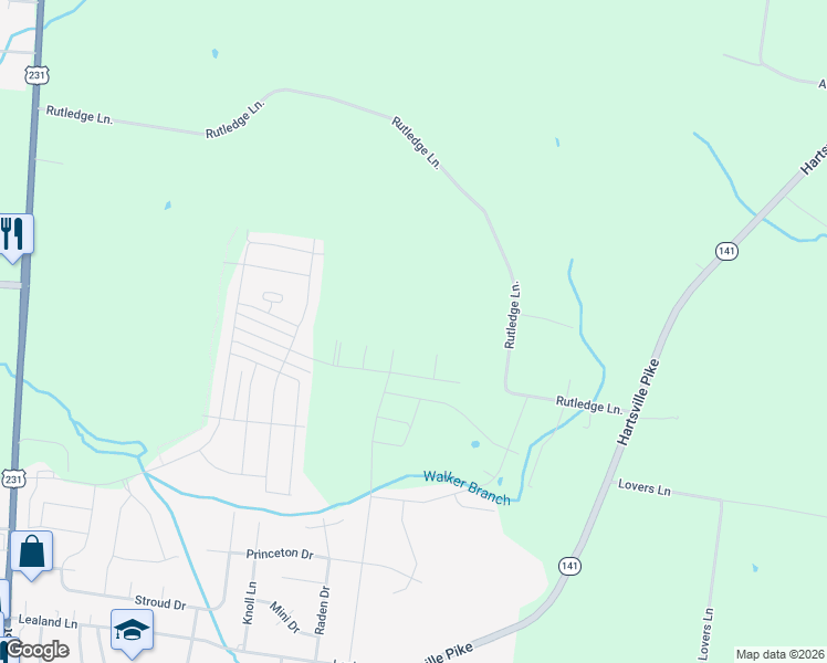 map of restaurants, bars, coffee shops, grocery stores, and more near 1418 Rutledge Lane in Lebanon