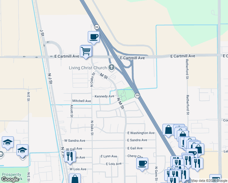 map of restaurants, bars, coffee shops, grocery stores, and more near 2443 Presidential Drive in Tulare