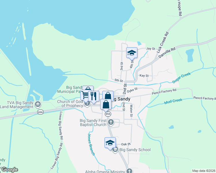 map of restaurants, bars, coffee shops, grocery stores, and more near 125 5th Street in Big Sandy