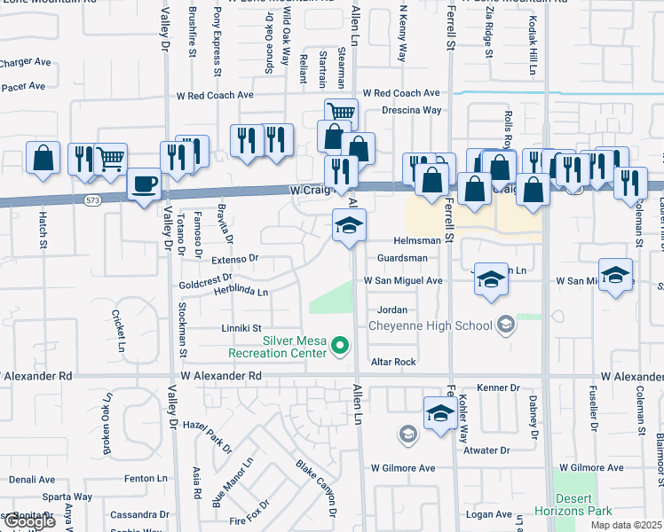 map of restaurants, bars, coffee shops, grocery stores, and more near 4289 Allen Lane in North Las Vegas