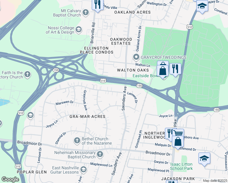map of restaurants, bars, coffee shops, grocery stores, and more near 819 Lemont Drive in Nashville