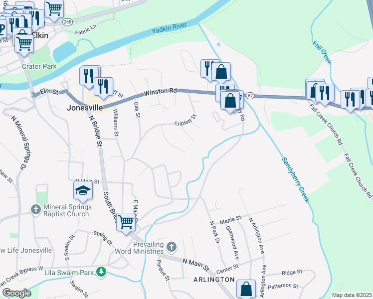 map of restaurants, bars, coffee shops, grocery stores, and more near 135 Park Circle Drive in Jonesville