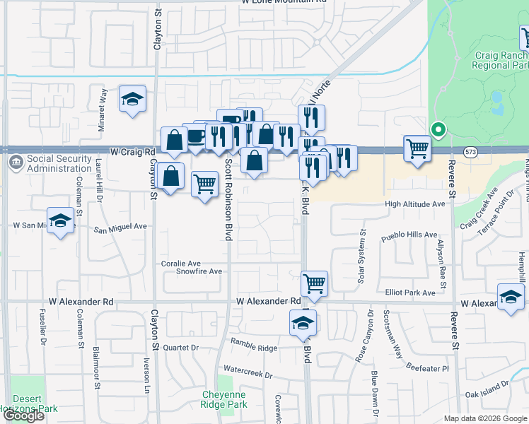 map of restaurants, bars, coffee shops, grocery stores, and more near 4223 Wind Mesa Drive in North Las Vegas