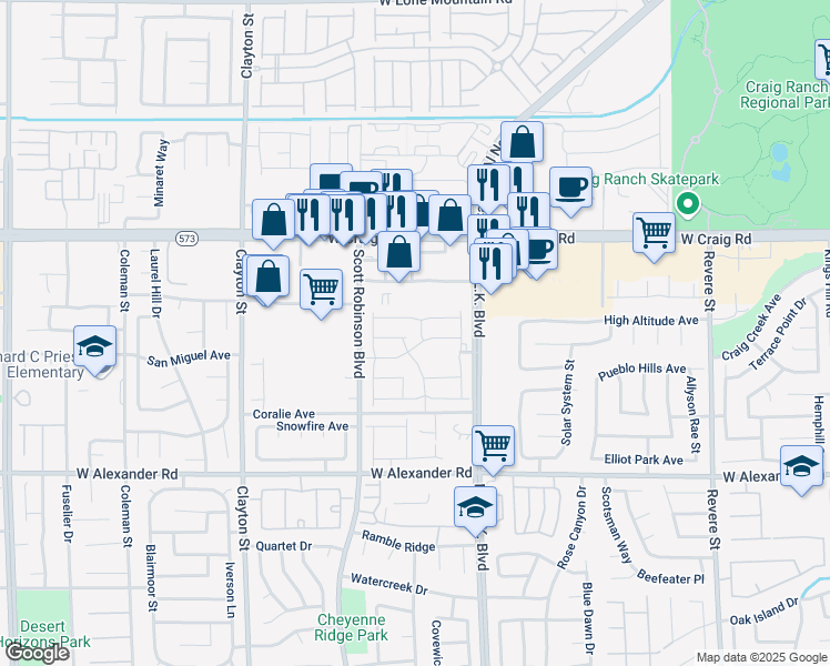 map of restaurants, bars, coffee shops, grocery stores, and more near 4223 Wind Mesa Drive in North Las Vegas