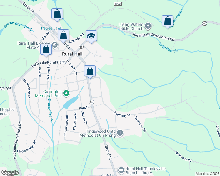 map of restaurants, bars, coffee shops, grocery stores, and more near 245 Academy Street in Rural Hall