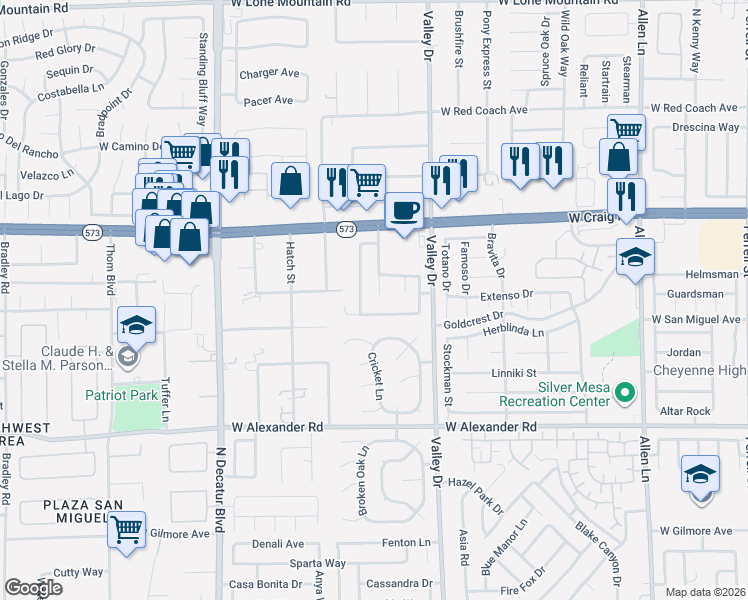 map of restaurants, bars, coffee shops, grocery stores, and more near 4251 Valley Royal Drive in North Las Vegas