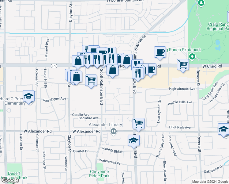 map of restaurants, bars, coffee shops, grocery stores, and more near 1652 Sandia Rock Avenue in North Las Vegas