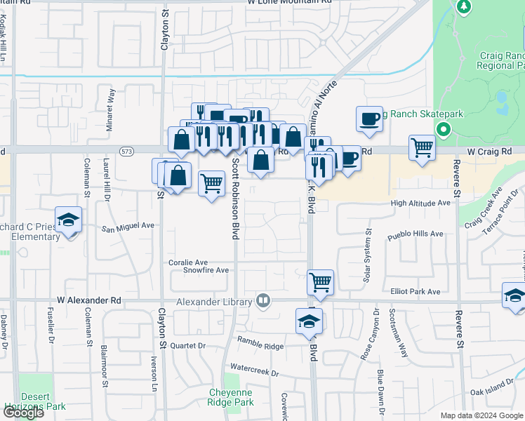 map of restaurants, bars, coffee shops, grocery stores, and more near 1656 Sandia Rock Avenue in North Las Vegas