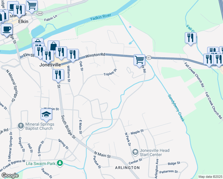map of restaurants, bars, coffee shops, grocery stores, and more near 135 Park Circle Drive in Jonesville
