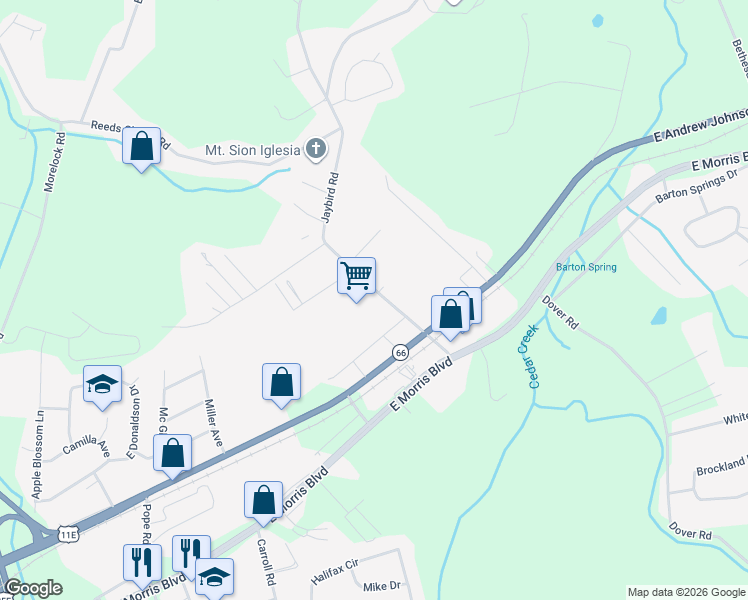 map of restaurants, bars, coffee shops, grocery stores, and more near 420 Jaybird Road in Morristown