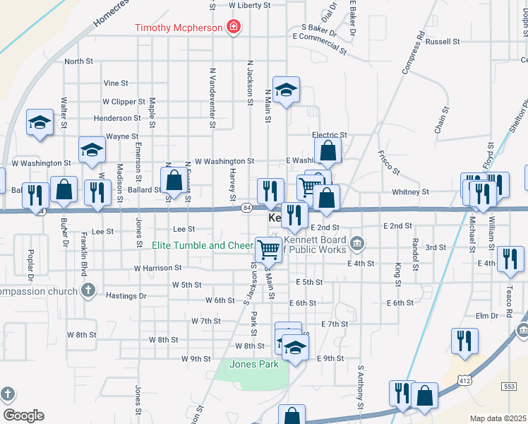 map of restaurants, bars, coffee shops, grocery stores, and more near 101-157 Tatum St in Kennett