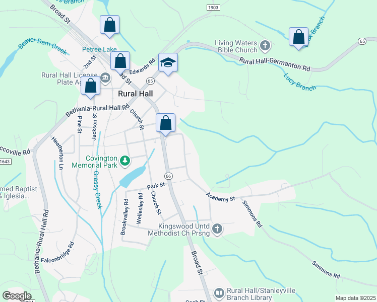 map of restaurants, bars, coffee shops, grocery stores, and more near 245 Academy Street in Rural Hall