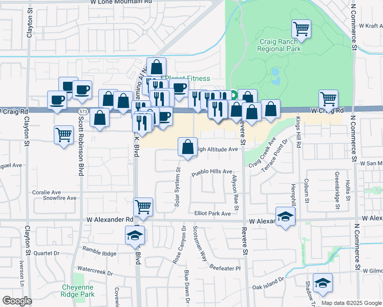 map of restaurants, bars, coffee shops, grocery stores, and more near 1112 High Altitude Avenue in North Las Vegas