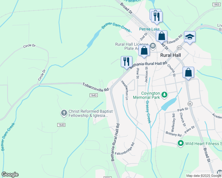 map of restaurants, bars, coffee shops, grocery stores, and more near 460 Bethania-Rural Hall Road in Rural Hall
