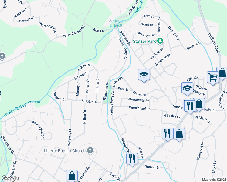 map of restaurants, bars, coffee shops, grocery stores, and more near 1934 Shields Ferry Road in Morristown