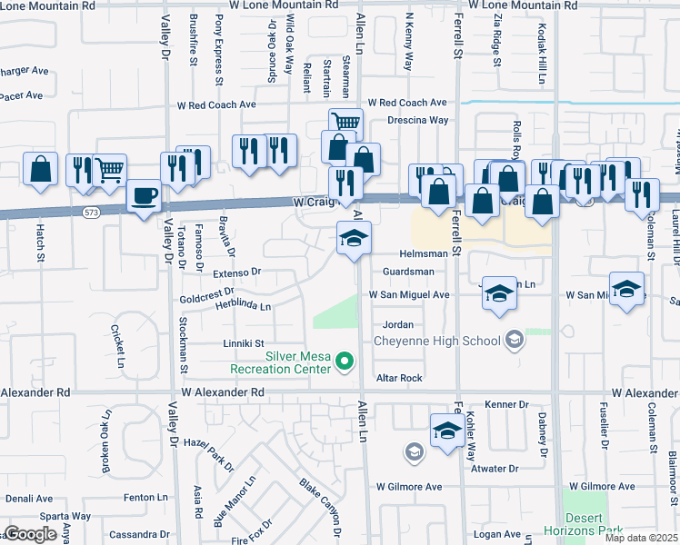 map of restaurants, bars, coffee shops, grocery stores, and more near 4289 Allen Lane in North Las Vegas