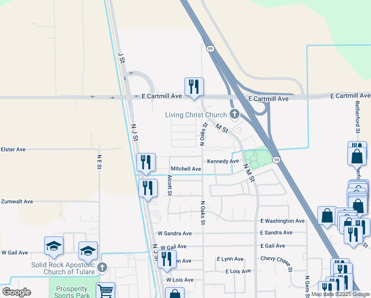 map of restaurants, bars, coffee shops, grocery stores, and more near 2459 North Oaks Street in Tulare