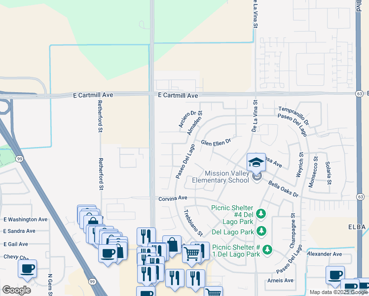 map of restaurants, bars, coffee shops, grocery stores, and more near 1387 Mondavi Avenue in Tulare
