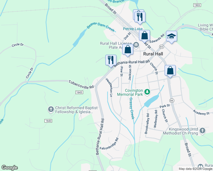 map of restaurants, bars, coffee shops, grocery stores, and more near 404 Heatherton Lane in Rural Hall