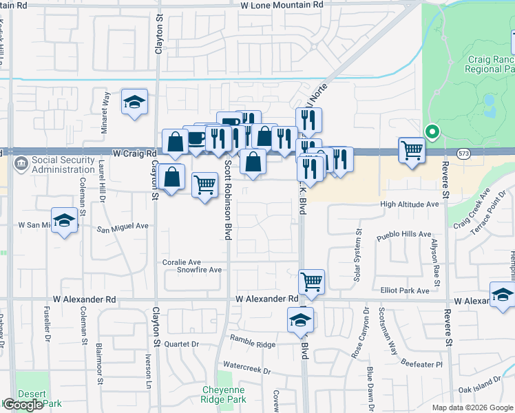 map of restaurants, bars, coffee shops, grocery stores, and more near 1651 Desert Path Avenue in North Las Vegas