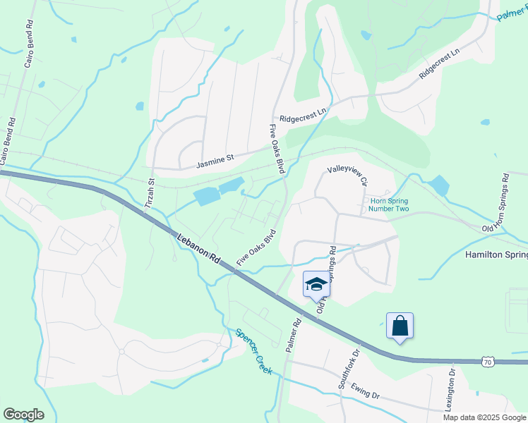 map of restaurants, bars, coffee shops, grocery stores, and more near 200 Five Oaks Boulevard in Lebanon