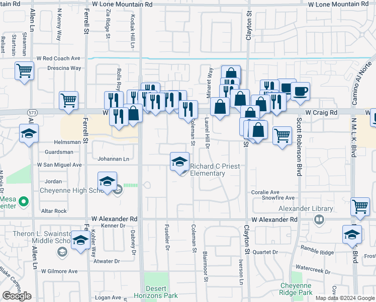 map of restaurants, bars, coffee shops, grocery stores, and more near 2404 Alma Lidia Avenue in North Las Vegas