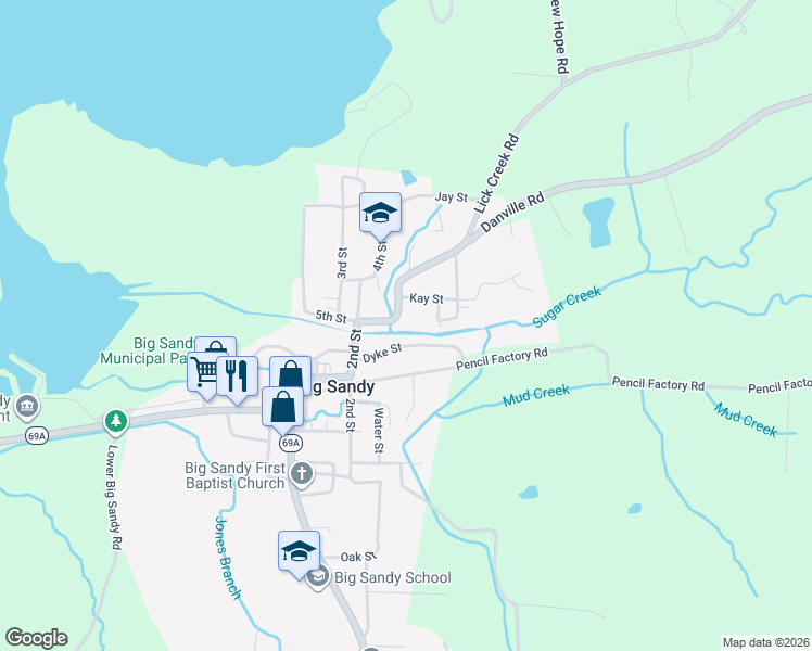map of restaurants, bars, coffee shops, grocery stores, and more near 85 Lick Creek Road in Big Sandy