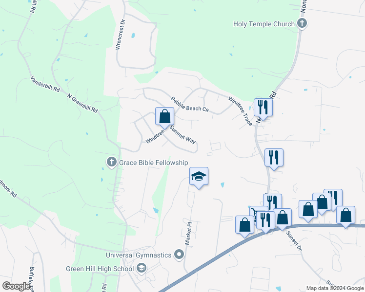 map of restaurants, bars, coffee shops, grocery stores, and more near 539 Summit Way in Mt. Juliet