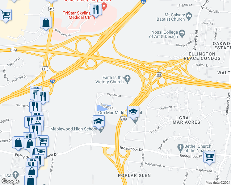 map of restaurants, bars, coffee shops, grocery stores, and more near 3502 Slate Drive in Nashville