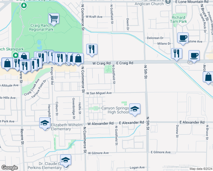 map of restaurants, bars, coffee shops, grocery stores, and more near 33 Newburg Avenue in North Las Vegas