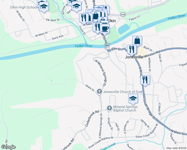 map of restaurants, bars, coffee shops, grocery stores, and more near 130 Pinnix Street in Jonesville