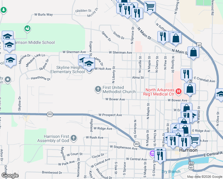 map of restaurants, bars, coffee shops, grocery stores, and more near 1001 West Bunn Avenue in Harrison