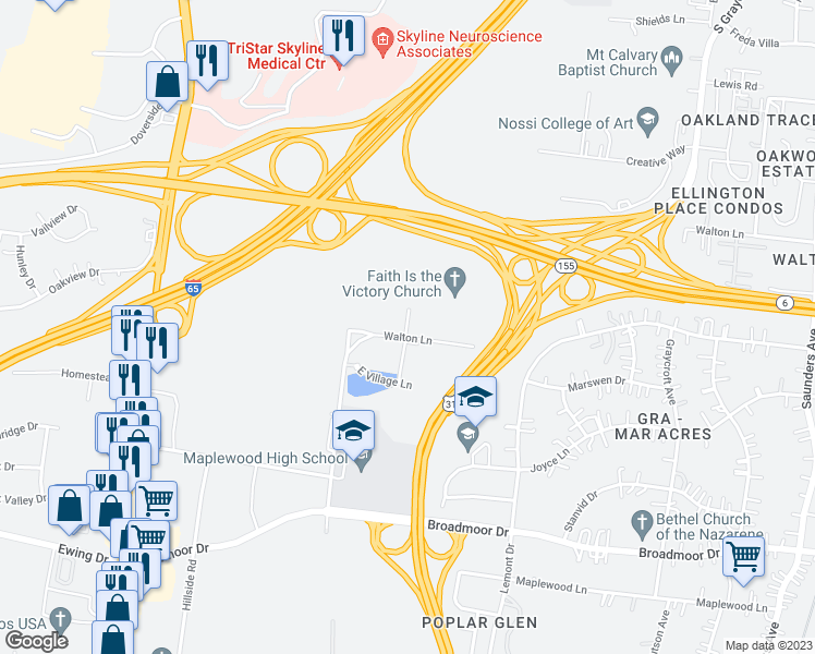 map of restaurants, bars, coffee shops, grocery stores, and more near 3506 Slate Drive in Nashville