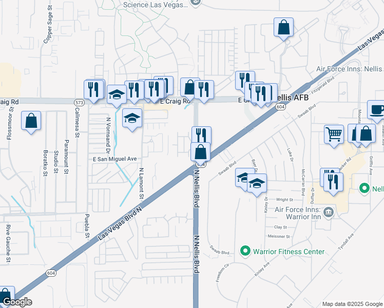 map of restaurants, bars, coffee shops, grocery stores, and more near 13 North Nellis Boulevard in Las Vegas
