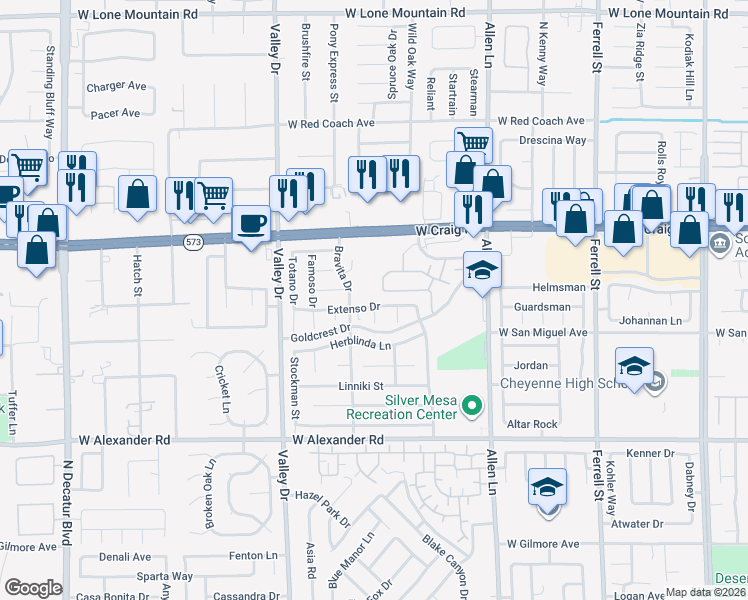 map of restaurants, bars, coffee shops, grocery stores, and more near 4002 Extenso Drive in North Las Vegas