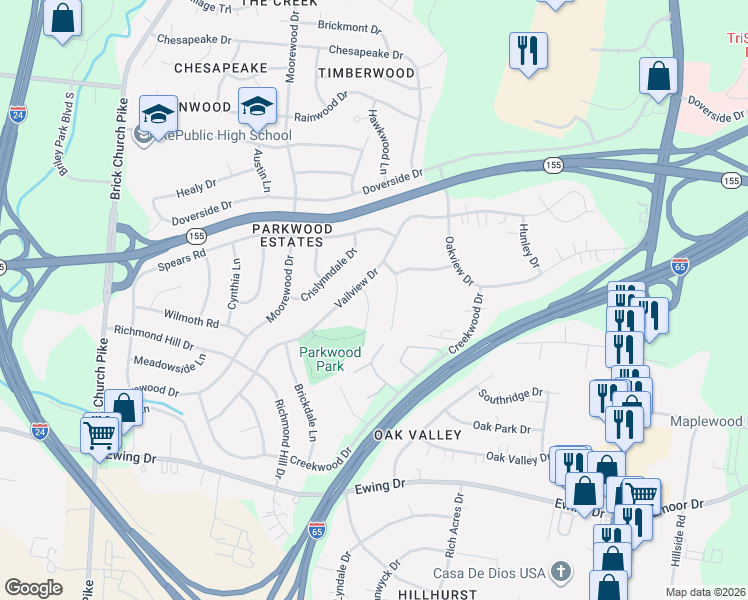 map of restaurants, bars, coffee shops, grocery stores, and more near 3189 Robwood Drive in Nashville