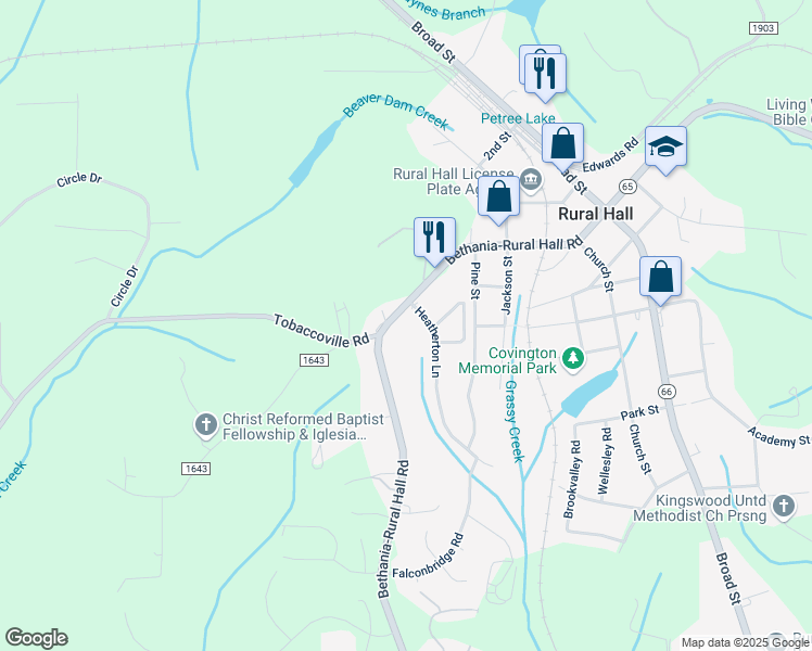 map of restaurants, bars, coffee shops, grocery stores, and more near 404 Heatherton Lane in Rural Hall
