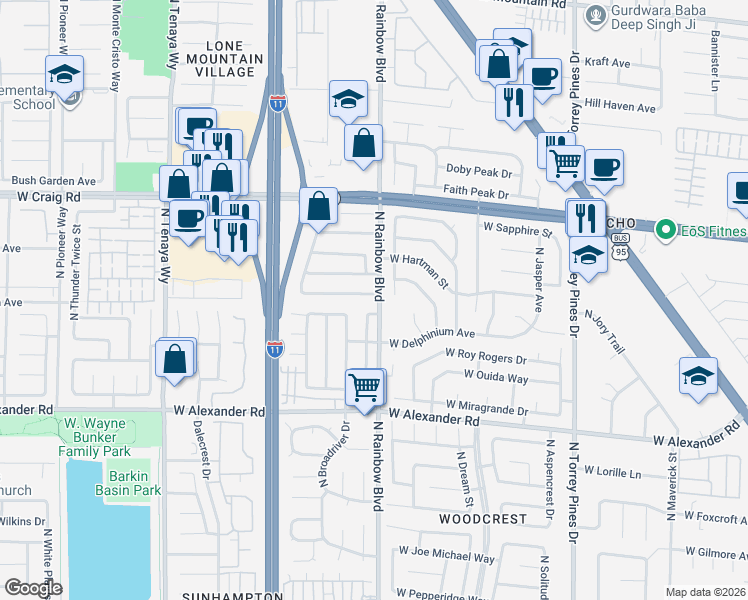 map of restaurants, bars, coffee shops, grocery stores, and more near 4232 North Orangeblossom Court in Las Vegas