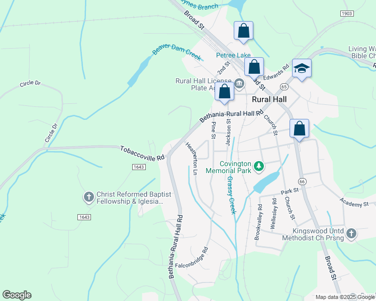map of restaurants, bars, coffee shops, grocery stores, and more near 404 Heatherton Lane in Rural Hall