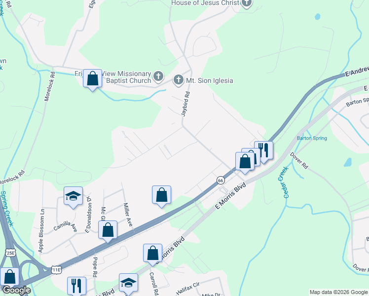 map of restaurants, bars, coffee shops, grocery stores, and more near 420 Jaybird Road in Morristown